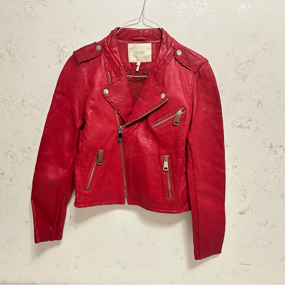 Maje Paris Bonnie Red Lamb Leather Moto Jacket Women’s 40 (US 6–8)